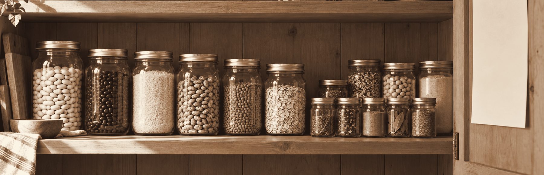 Rows of glass jars filled with homemade dry mixes on a pantry shelf